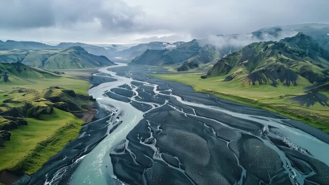 Aerial view of a braided river flowing through a lush green valley in the highlands of iceland 4k video