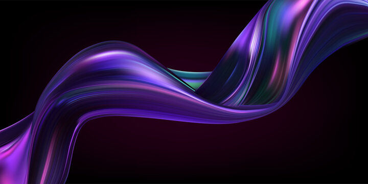 Abstract 3D holographic ribbon wave background with flowing gradient lines, liquid glass swirl and colorful fluid motion design.