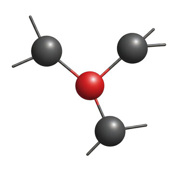 A 3d molecular model showing a central red atom bonded to three gray atoms in a trigonal planar arrangement isolated on transparent background