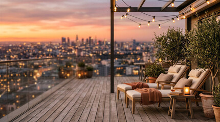 Obraz premium Cozy outdoor terrace with chairs overlooking city skyline at sunset , with space for text 
