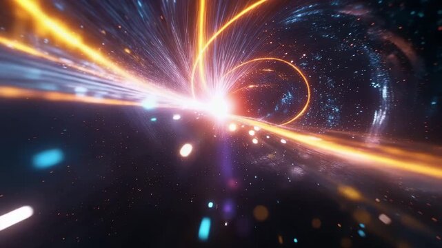 Abstract futuristic space travel through a wormhole with glowing orange and blue light streaks 4k video