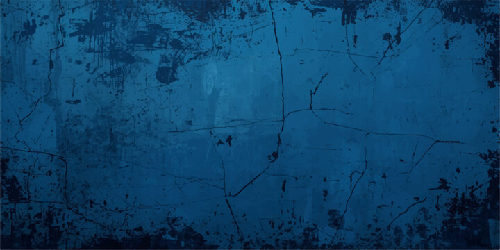 A vintage blue grunge background featuring a dark textured paint pattern on an aged rough surface with dirty metal rust and old paper elements for a grungy wall design