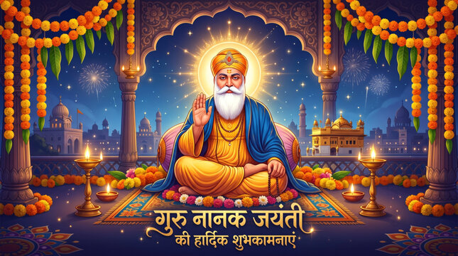 Guru Nanak Jayanti Festival Banner with Guru Nanak Dev Ji Illustration and Golden Temple Background for Sikhism Celebration Religious Greeting Post
