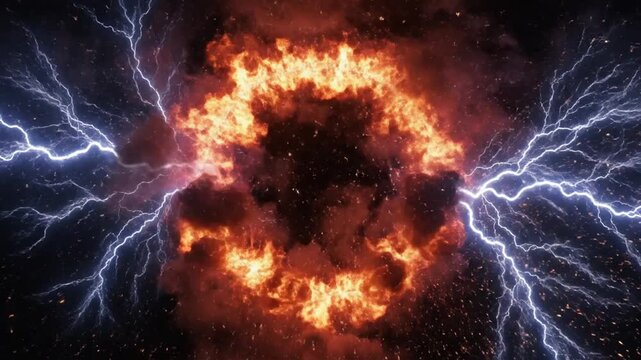 Abstract energy sphere with lightning and fire elements on black background