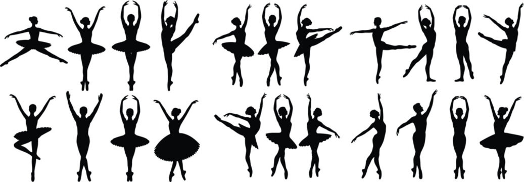 Ballet dancers in various poses silhouette collection black and white pointe shoes ballet set dance poses figure drawing silhouette movement elegance performance