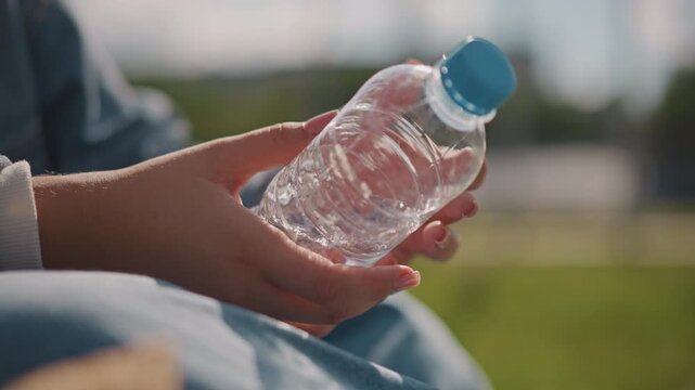Warm moment of water exchange outdoors. Friends passing water bottle in sunny park scene with city background. Bright day in park with friends sharing water against cityscape backdrop