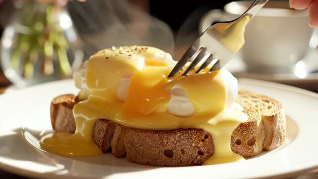 Delicious Eggs Benedict Breakfast - A close-up shot of a fork cutting into a classic Eggs Benedict dish, featuring poached eggs topped with creamy hollandaise sauce, served on toasted bread.