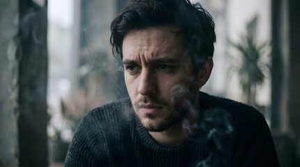 Obraz premium Sad man smoking cigarette in dim room. Thoughtful guy looking away with melancholy expression. Depression and loneliness concept. Cinematic portrait of troubled male in solitude indoors.