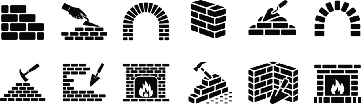 Collection of black and white icons representing bricklaying and construction with bricklaying construction building fireplace industry architecture silhouette
