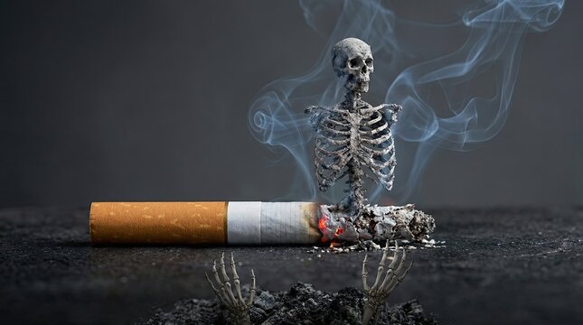 Smoking Skeleton: A skeletal figure sits atop a burning cigarette, surrounded by plumes of smoke, symbolizing the deadly consequences of smoking.