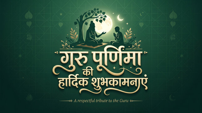 Guru Purnima Celebration Social Media Graphic with Mentor and Disciple under Banyan Tree on Dark Green Background for Hindu Festival Greeting Post
