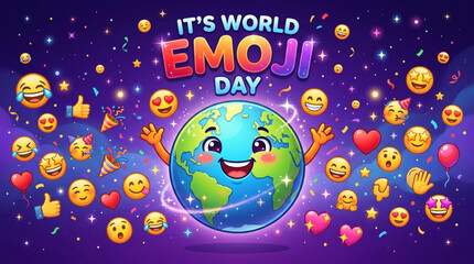 Fototapeta premium Emoji Day Global Celebration Poster with Cute Earth Character and Smiling Faces in Space for Digital Communication Festival Marketing Banner Template 