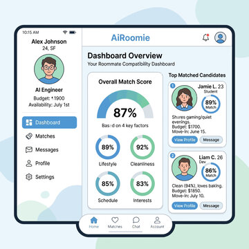 A mobile app screen displays a dashboard overview of compatible roommate matching with various charts and candidate profiles on a light background.