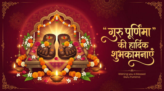 Guru Purnima Festival Poster featuring Holy Paduka with Marigold Flowers and Diya for Traditional Hindu Spiritual Celebration Greeting Banner Template
