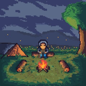 Relaxing while camping in the mountains_ pixelart