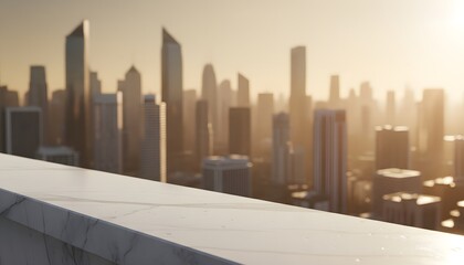 Obraz premium Empty white marble countertop with sunlight and warmth on skyline background for city heat escape concept, featuring urban skyscrapers in golden hour sunset lighting
