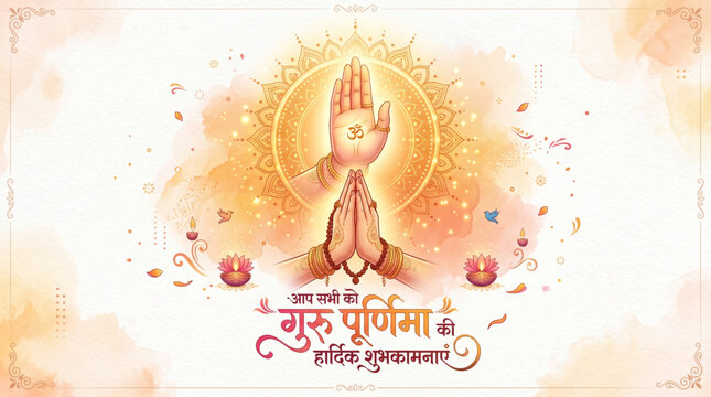 Guru Purnima Spiritual Banner with Blessing Hand and Namaste Gesture in Golden Light for Mentorship Appreciation and Indian Cultural Festival Poster

