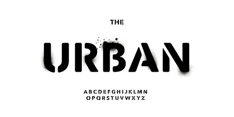 Plakat Urban Street Art Font Logo Stencil Alphabet Modular Spray Painted Letter Set Modern Typography, Creative Typographic Design for Title Text, Typo Poster Headline, Graffiti Fonts. Vector Typeface
