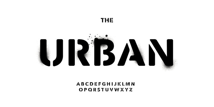 Urban Street Art Font Logo Stencil Alphabet Modular Spray Painted Letter Set Modern Typography, Creative Typographic Design for Title Text, Typo Poster Headline, Graffiti Fonts. Vector Typeface