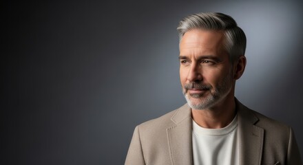Fototapeta premium Mature man with gray hair and a neatly groomed beard poses confidently in a formal blazer.