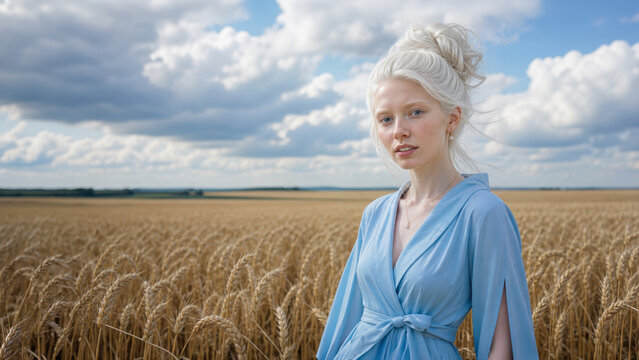 A pale woman with white hair in a flowing blue dress stands in a ripe wheat field beneath towering clouds and soft blue sky.