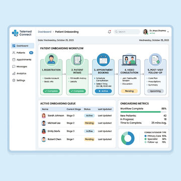 A screenshot of a patient onboarding workflow dashboard on a computer screen displaying various sections and metrics.