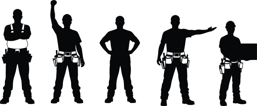 Construction worker silhouettes with tool belts in confident poses including pointing raising hand and holding plans isolated set