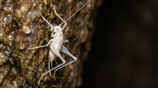 Rare albino cave cricket Rhaphidophoridae on a wet dark cavern wall with wide copy space