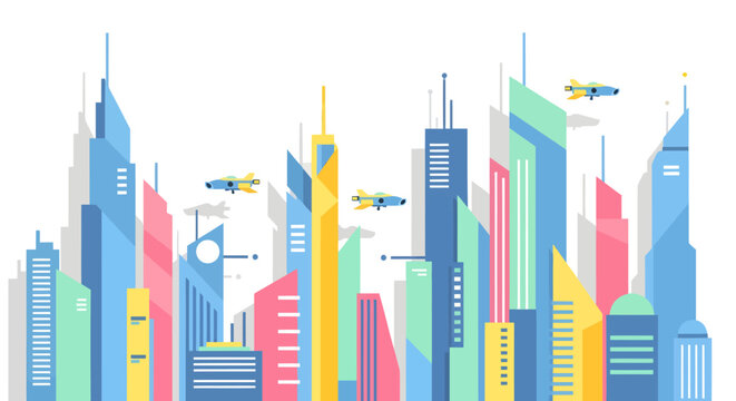 colorful cityscape with skyscrapers and helicopters flying overhead