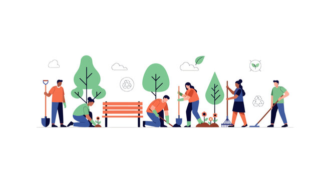 people planting trees and gardening together outdoors