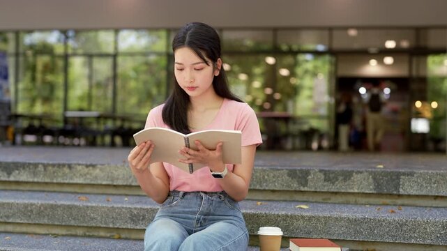 Female student sitting outdoor, reading book, studying for final exam at university.