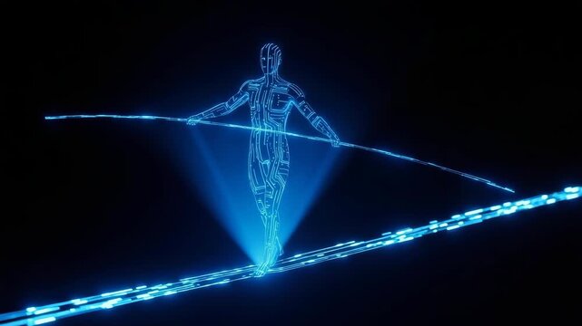 Glowing Digital Figure Walking Tightrope Of Data In The Dark Balance Technology Connection Used For Tech Business Abstract Design