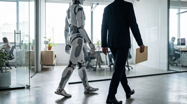 Humanoid robot walking beside person holding folder inside bright glass office.