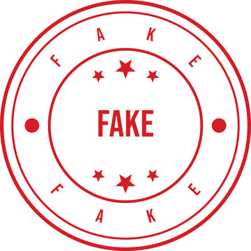 Red circular stamp displaying the word FAKE clearly on a simple white background indicating something is not genuine