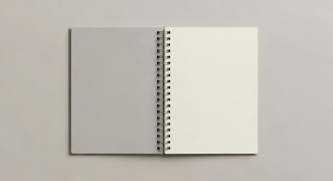 Clean empty white paper notebook with spiral binding on a plain gray table top waiting for notes or designs for presentation mockup with shadow.