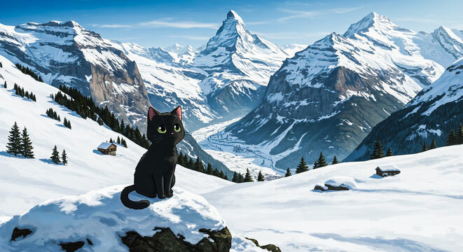 Black Kitten Cartoon on Snowy Ridge Overlooking the Matterhorn in the Swiss Alps, Zermatt.