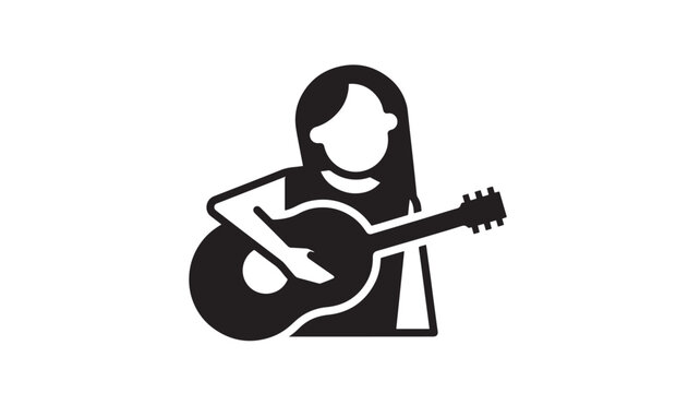 Guitar player silhouette with long hair holding acoustic instrument featuring music, musician, performing with black and white and vector elements