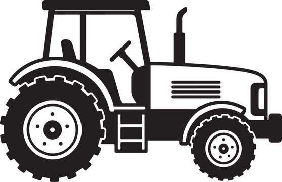 Black and white silhouette of a farm tractor with large tires and a cab also transparent background agriculture