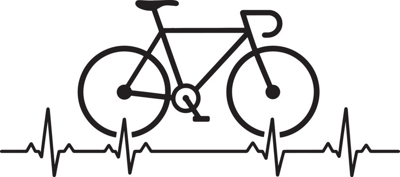 Black silhouette of a bicycle integrated with a heartbeat ekg line on a white background, also transparent background