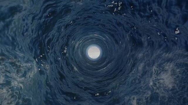 Dark ocean swirls inward, revealing a glowing moon