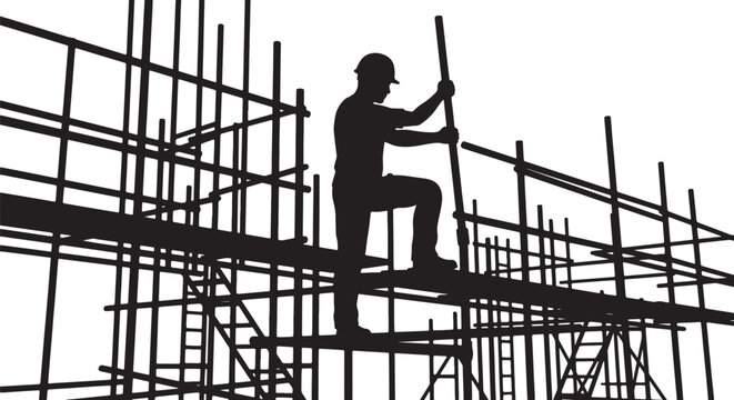 Silhouette of a construction worker in a hard hat standing on scaffolding, holding a pole also transparent background