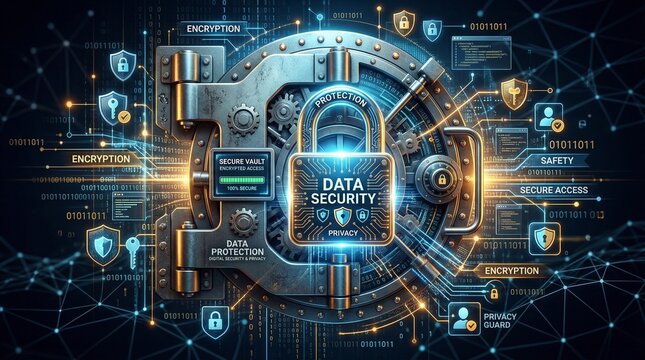 Concept of digital data security and privacy featuring heavy metal vault door with glowing lock and encryption symbols.
