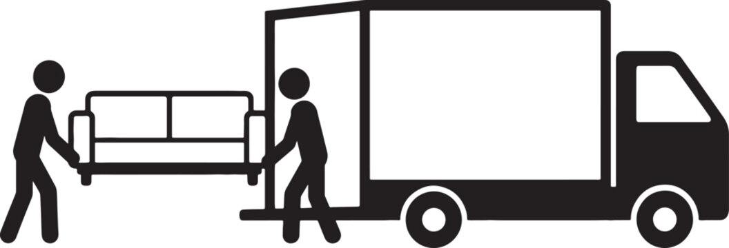 Two stick figures carrying a sofa onto the back of a moving truck also transparent background furniture