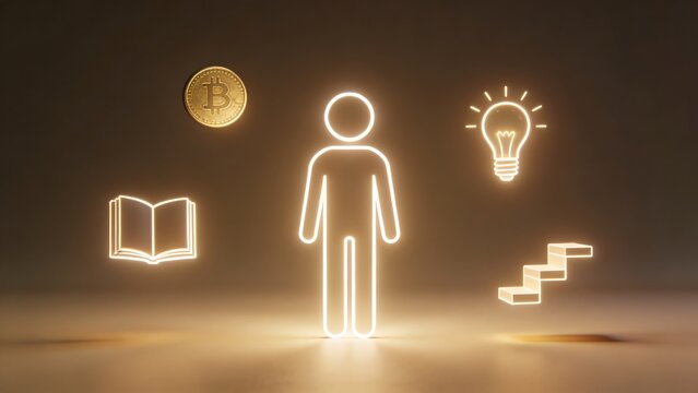 Glowing icons float around the cartoon character: a coin, a book, a light bulb, and small steps, each conveying meaning.