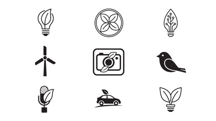 Fototapeta premium Icons eco-friendly set with nature-inspired symbols and green energy concepts featuring sustainability, wind turbine, light bulb with photography and
