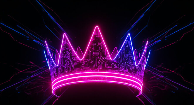 Futuristic neon light crown featuring a circuit board design symbolizing digital royalty and technol