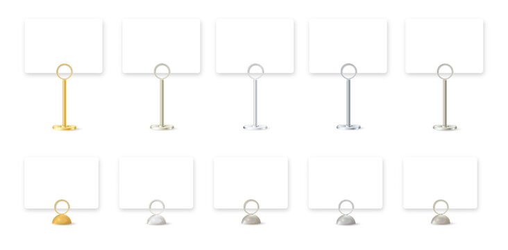 Table stand with metal clip holding blank card for business display. Realistic mockup for restaurant sign, office memo, or desktop message template. Vector