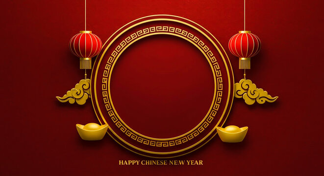 Festive 3D Lunar New Year background with copy space frame, golden ingots, clouds, and symmetrical r