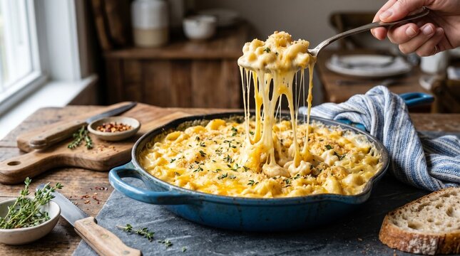 Deliciously creamy mac and cheese in a blue skillet with melted cheese pull - gourmet comfort food concept.