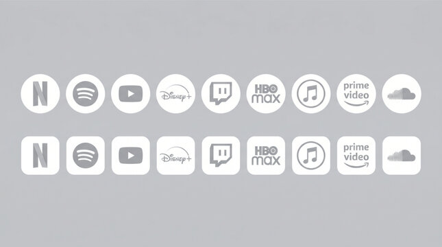 Netflix logo icon, Spotify logo, YouTube logo, Disney plus logo, Twitch logo, HBO Max logo, Apple Music logo, Prime Video logo, SoundCloud logo. Popular streaming media service icons set.